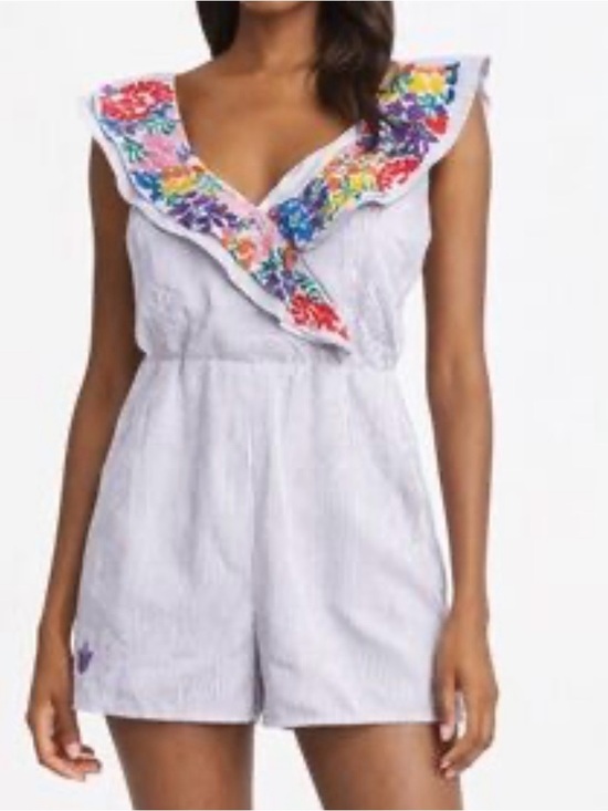 j. marie Pants - JMarie Seersucker Romper with Colorful Embroidered Floral Ruffle Neckline